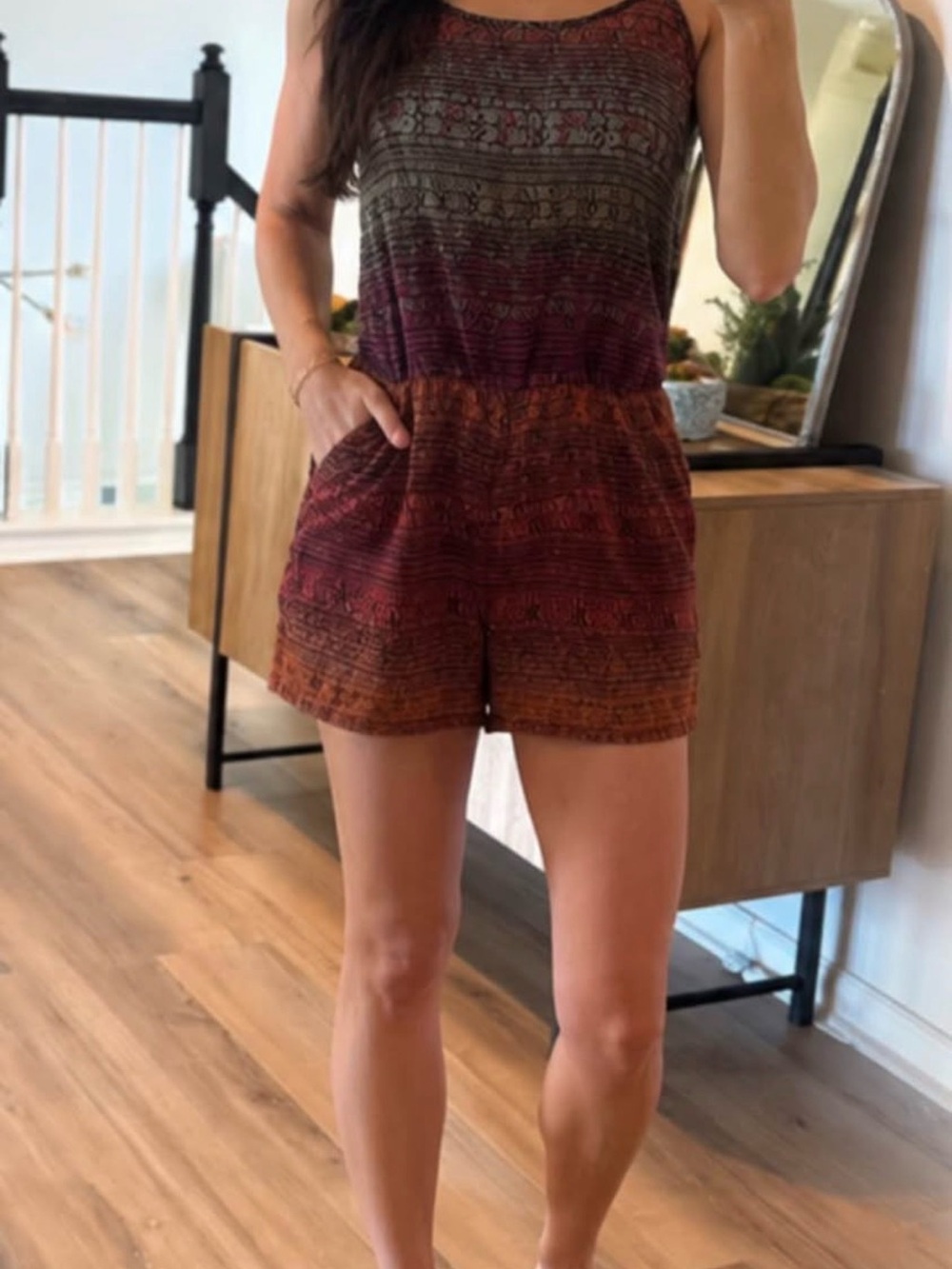 Women's Sleeveless Printed Romper in  Rust from Maurice's size small